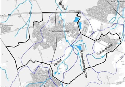 Heusenstamm: Gewässernetz und Gewässer-Einzugsgebiete (Hessisches Landesamt für Naturschutz, Umwelt und Geologie)