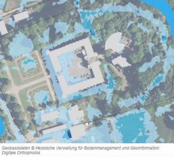 Computermodell: Starkregenereignis rund ums Schloss Schönborn (Hessische Verwaltung für Bodenmanagement und Geoinformation).