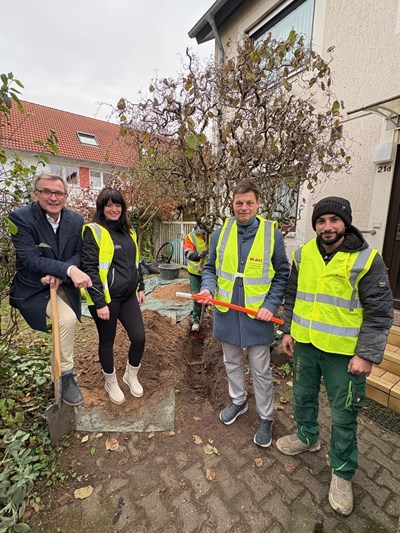 Symbolischer Spatenstich für den Start der Bauarbeiten für die Hausanschlüsse zum Glasfasernetz der Westconnect. Von links: Bürgermeister Steffen Ball, Melanie Böttger (Qualitätsmanagerin Deutsche Infrabau), Matthias Nass (Projektleiter Hessen Westconnect), Eli Mislim (Bautrupp der Deutsche Infrabau).