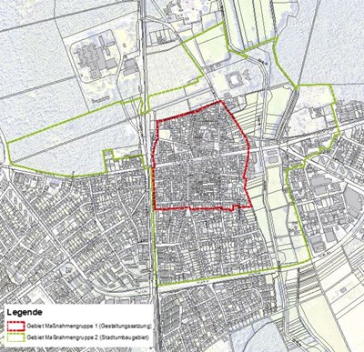 Fördergebiete: Maßnahmengruppe 1 (Gestaltungssatzung) und Maßnahmengruppe 2 (Stadtumbaugebiet)