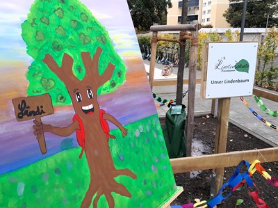 Der Lindenbaum und das neue Maskottchen "Lindi".