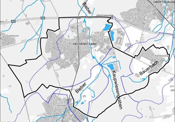 Heusenstamm: Gewässernetz und Gewässer-Einzugsgebiete (Hessisches Landesamt für Naturschutz, Umwelt und Geologie)