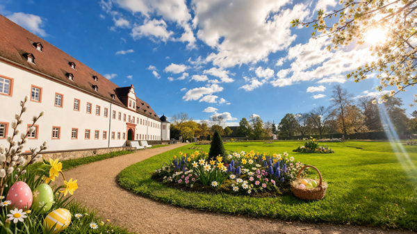 Ostern im Schlossgarten (Foto mit KI-Bearbeitung. Original: R. Dinkelborg/Magistrat. Vordergrund angepasst mit ChatGPT)